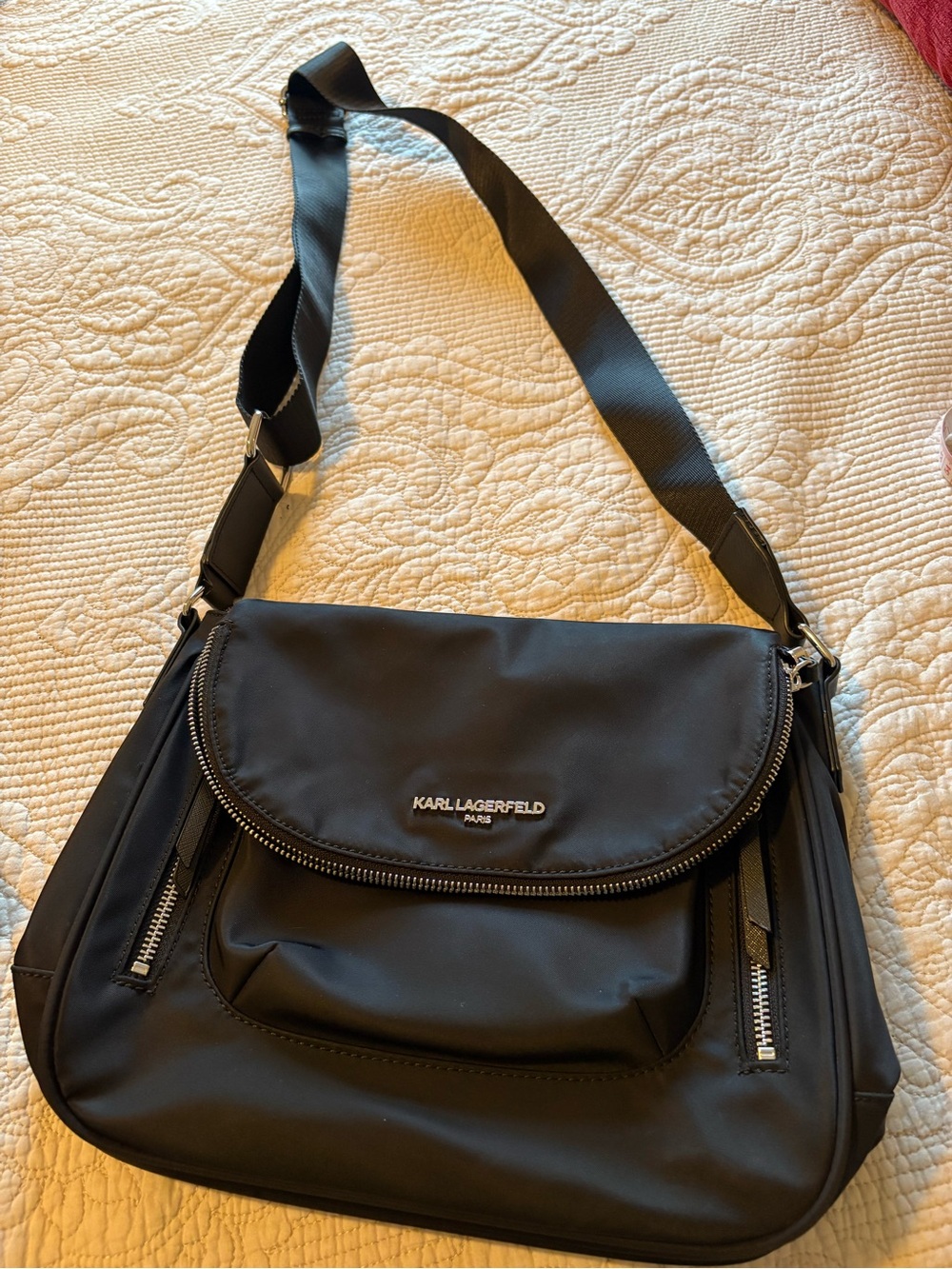 Karl Lagerfeld Black Nylon Crossbody Shoulder Bag with Silver Hardware